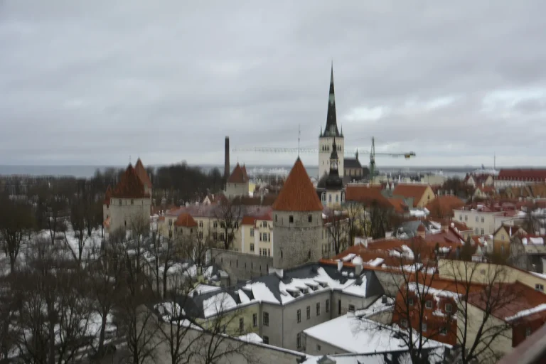 Panorama del centro storico di Tallinn sotto la neve